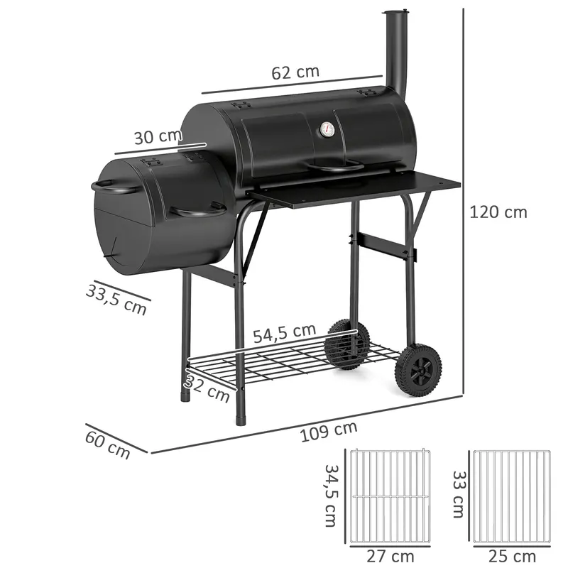 Ahumador offset Outsunny de barril 109 cm con chimenea y ruedas: medidas y dimensiones