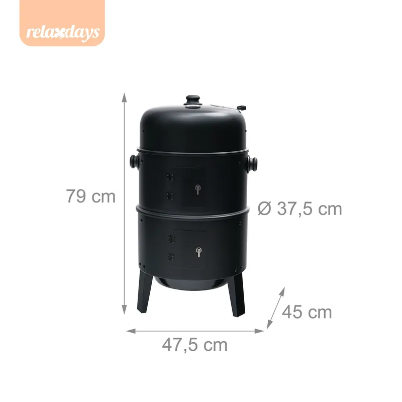 Ahumador vertical de carbón Relaxdays 79 cm con termómetro y 6 ganchos: medidas y dimensiones