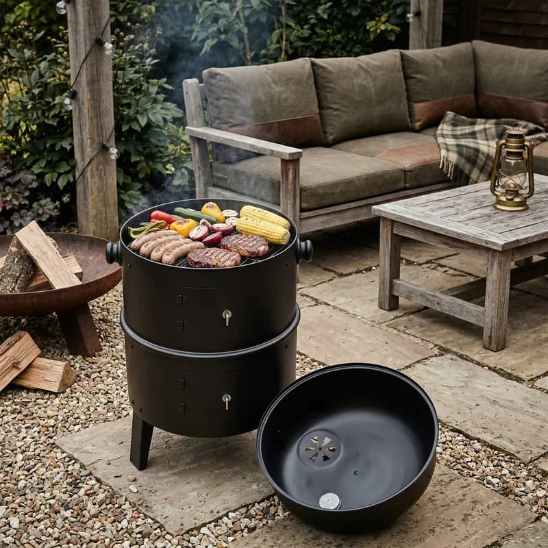 Ahumador vertical de carbón Relaxdays 79 cm con termómetro y 6 ganchos: detalle de la parrilla