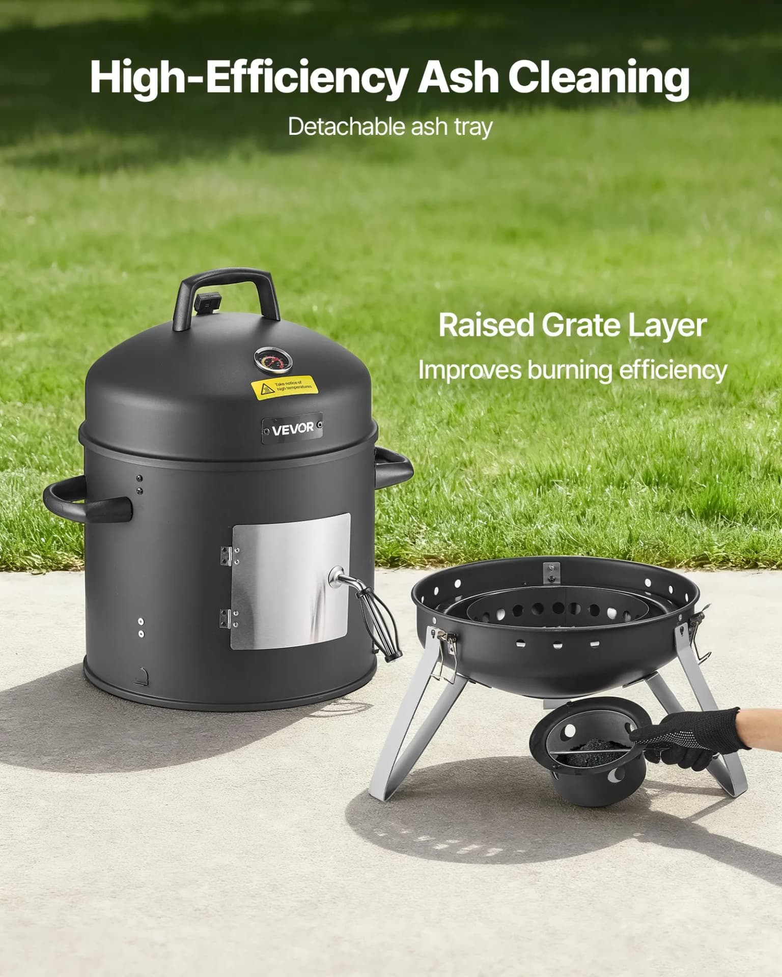 Ahumador vertical de carbón Vevor 40 cm con 2 parrillas y termómetro: cenicero extraíble para vaciar las cenizas