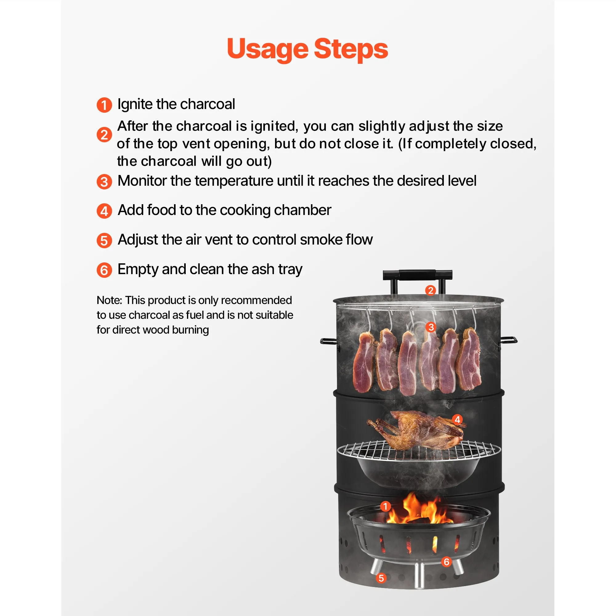 Ahumador vertical de carbón Vevor 47 cm 4 en 1 con barra y 6 ganchos: en uso durante una barbacoa
