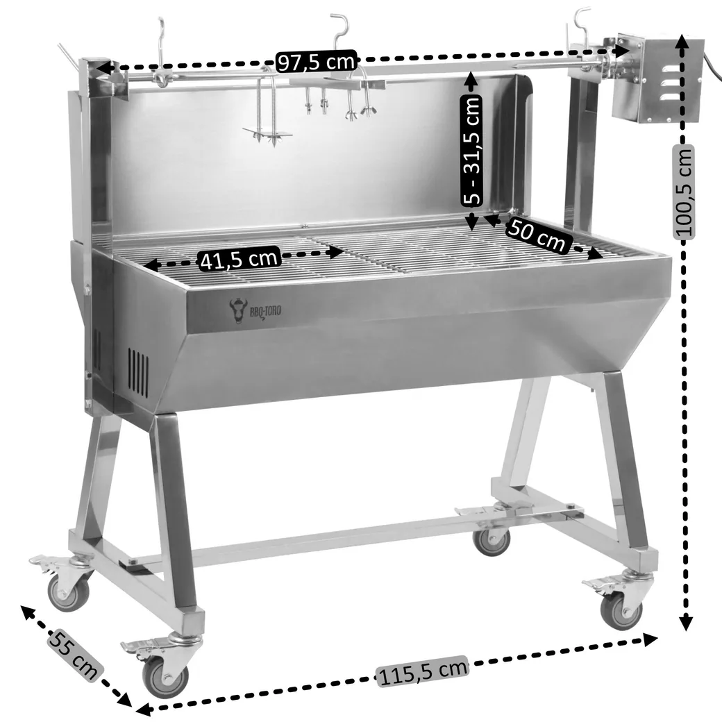 Asador de cochinillo con espetón y motor BBQ-Toro inox 60 kg: medidas y dimensiones