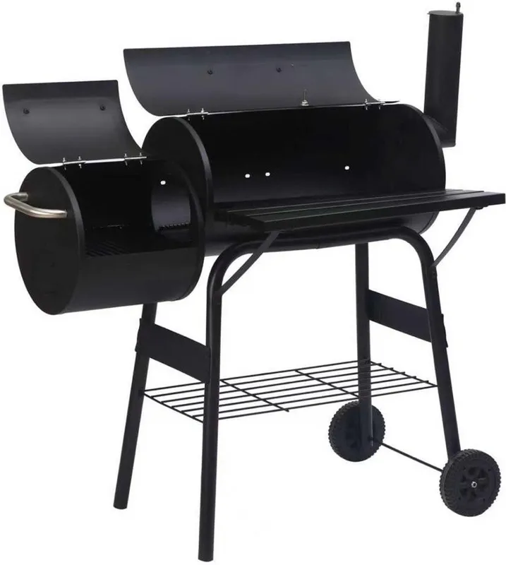 Barbacoa ahumadora de barril JARDIN202 Miami 114 cm con chimenea: con la tapa abierta y la parrilla a la vista