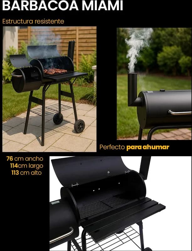 Barbacoa ahumadora de barril JARDIN202 Miami 114 cm con chimenea: ahumando en la terraza, con el humo saliendo por la tapa