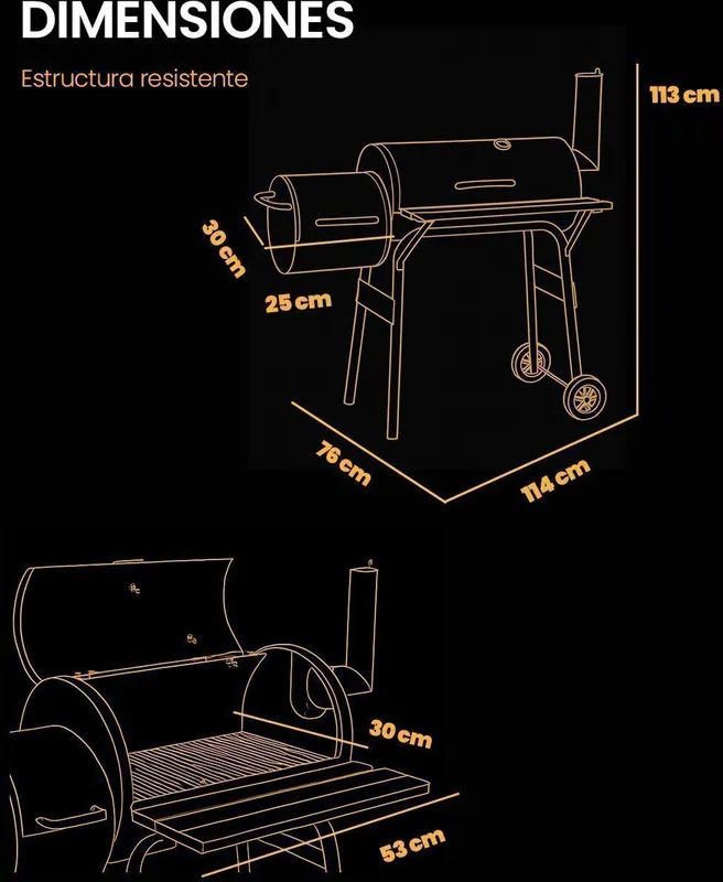 Barbacoa ahumadora de barril JARDIN202 Miami 114 cm con chimenea: medidas y dimensiones