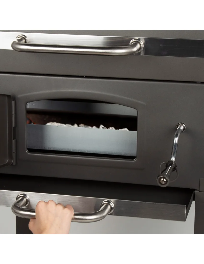 Barbacoa de carbón Aktive con ahumador y brasa regulable 102 cm: cajón de carbón extraíble por la puerta frontal