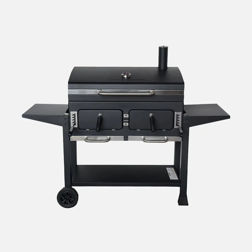 Barbacoa de carbón Bernard XL 84,5 x 42 cm con tapa y termómetro: vista frontal con la puerta de acceso y el termómetro