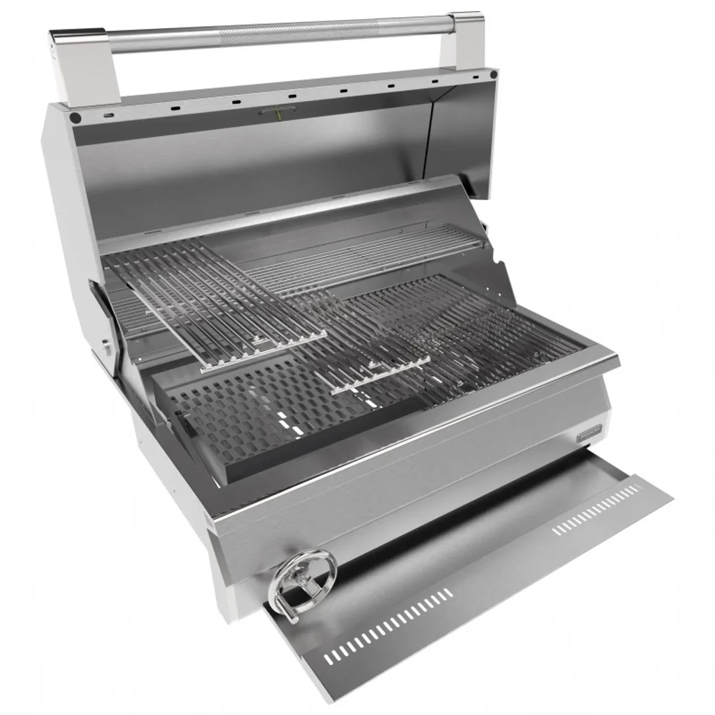Barbacoa de carbón encastrable Brabura Ember 800 acero inoxidable 304: cenicero extraíble para vaciar las cenizas