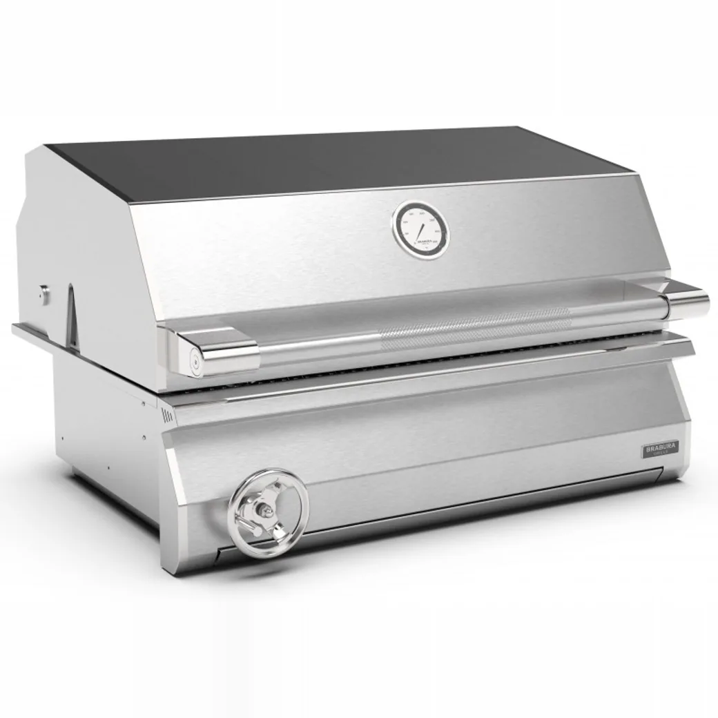 Barbacoa de carbón encastrable Brabura Ember 800 acero inoxidable 304: con la tapa cerrada y el termómetro a la vista