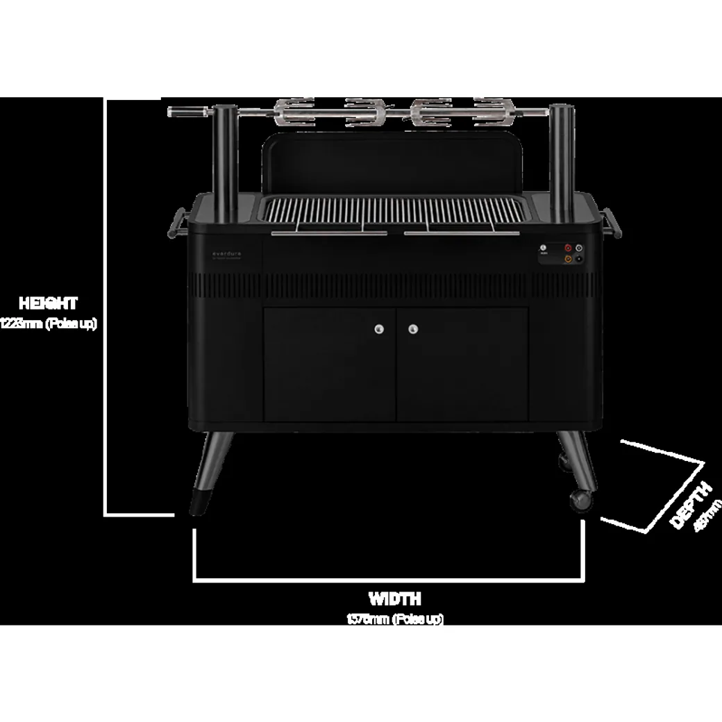 Barbacoa de carbón Everdure HUB II con encendido eléctrico y rustidor: medidas y dimensiones