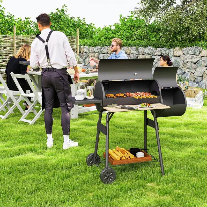 Barbacoa de carbón Outsunny 3 en 1 con ahumador offset 124 cm — barbacoa de carbón con ahumador