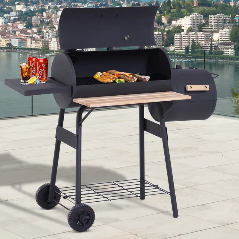 Barbacoa de carbón Outsunny 3 en 1 con ahumador offset 124 cm — barbacoa de carbón con ahumador