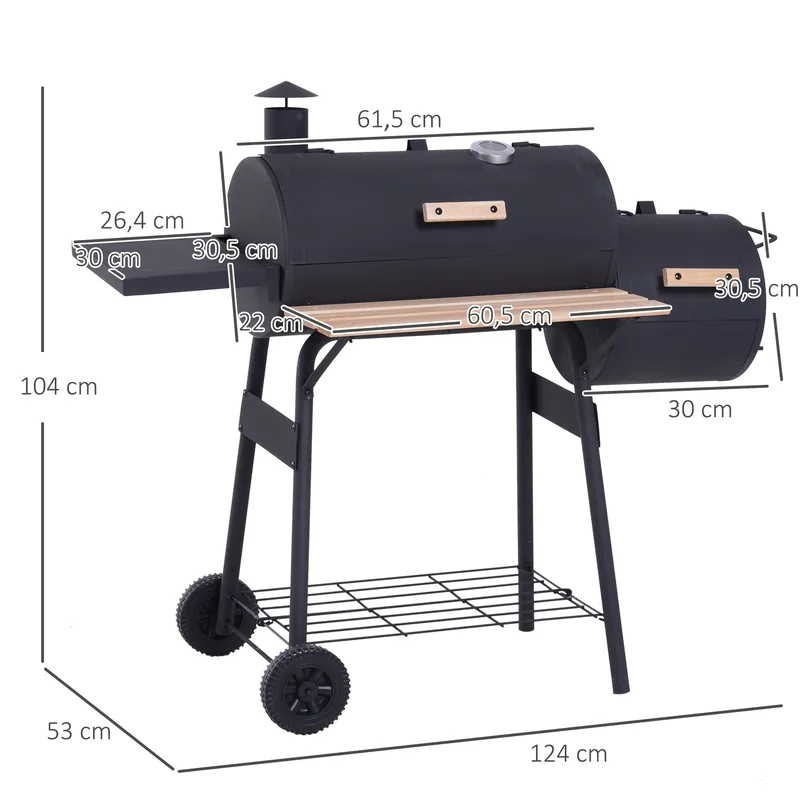 Barbacoa de carbón Outsunny 3 en 1 con ahumador offset 124 cm — barbacoa de carbón con ahumador