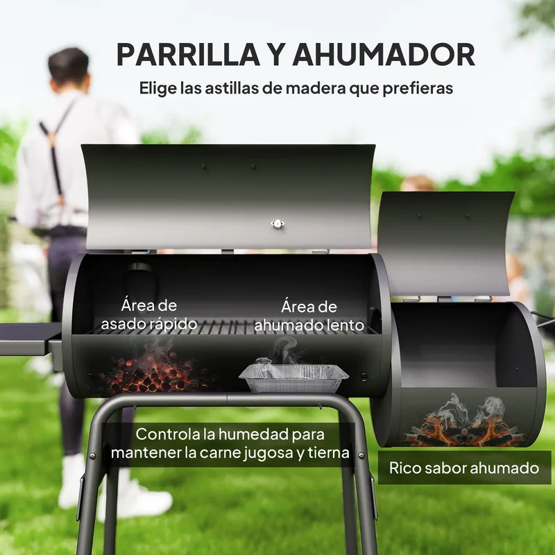 Barbacoa de carbón Outsunny 3 en 1 con ahumador offset 124 cm — barbacoa de carbón con ahumador