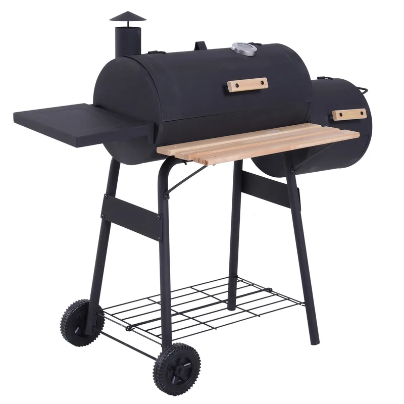 Barbacoa de carbón Outsunny 3 en 1 con ahumador offset 124 cm — barbacoa de carbón con ahumador