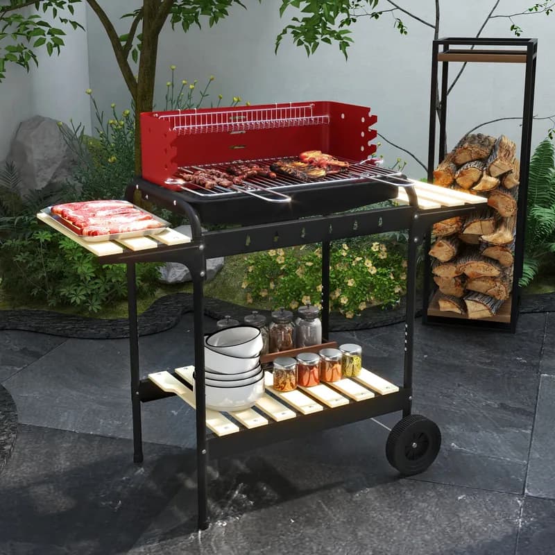Barbacoa de carbón Outsunny con parrilla ajustable y 6 ganchos 103 cm — barbacoa de carbón