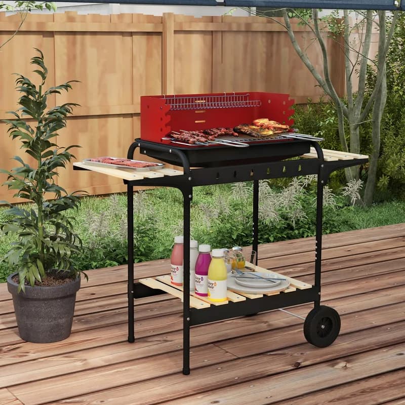 Barbacoa de carbón Outsunny con parrilla ajustable y 6 ganchos 103 cm — barbacoa de carbón