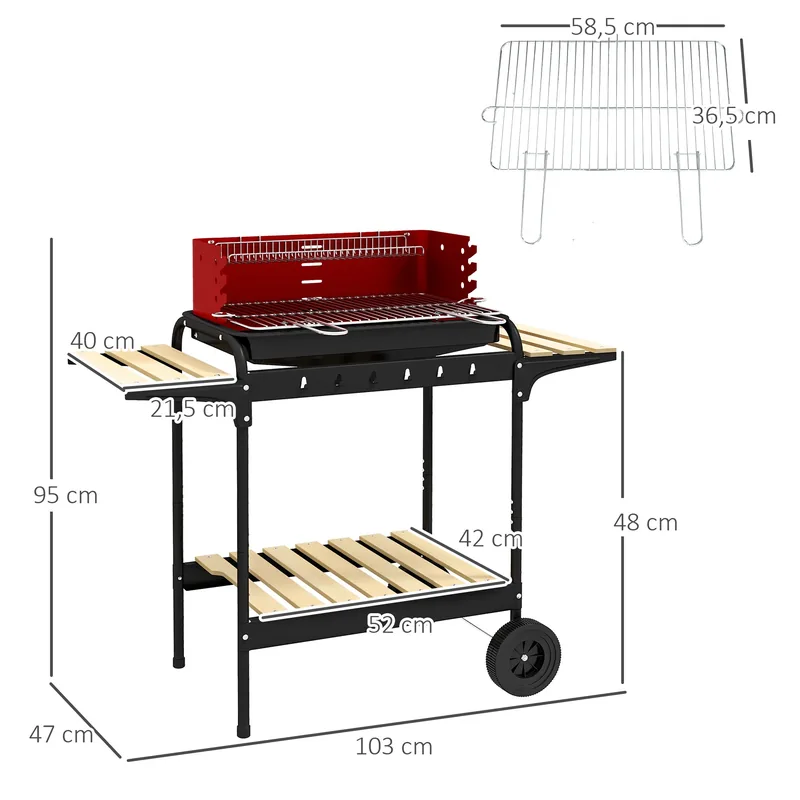 Barbacoa de carbón Outsunny con parrilla ajustable y 6 ganchos 103 cm — barbacoa de carbón