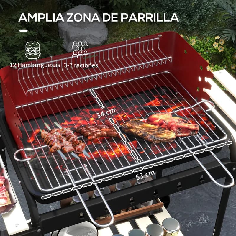 Barbacoa de carbón Outsunny con parrilla ajustable y 6 ganchos 103 cm — barbacoa de carbón