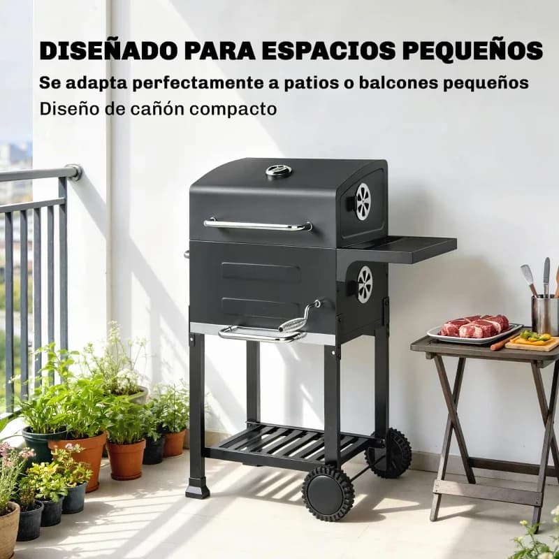 Barbacoa de carbón Outsunny tipo barril 75 cm con parrillas inox 304: instalada en un balcón, para ver lo poco que ocupa