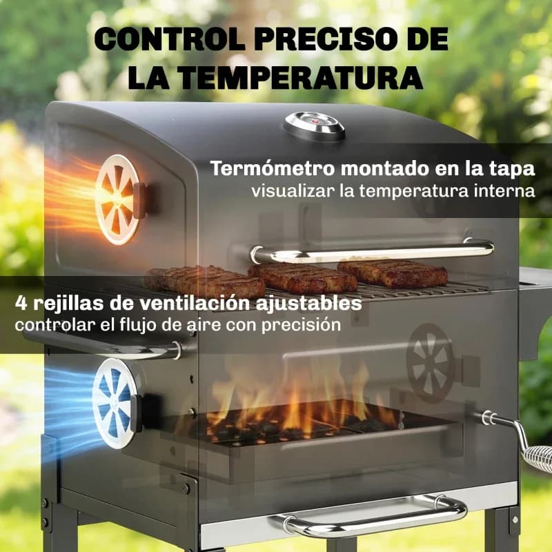 Barbacoa de carbón Outsunny tipo barril 75 cm con parrillas inox 304: control de temperatura con termómetro y ventilaciones