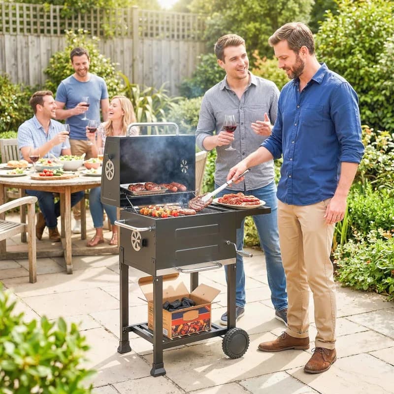 Barbacoa de carbón Outsunny tipo barril 75 cm con parrillas inox 304: en uso durante una barbacoa