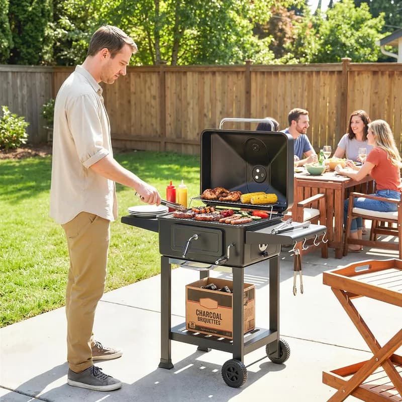 Barbacoa de carbón Outsunny con brasa a manivela y puerta frontal 112 cm — barbacoa de carbón