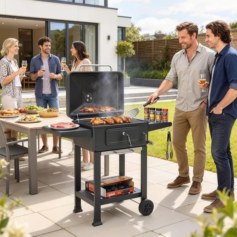 Barbacoa de carbón Outsunny con brasa a manivela y puerta frontal 112 cm — barbacoa de carbón