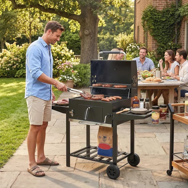 Barbacoa de carbón Outsunny con brasa regulable y chimenea 133 cm — barbacoa de carbón