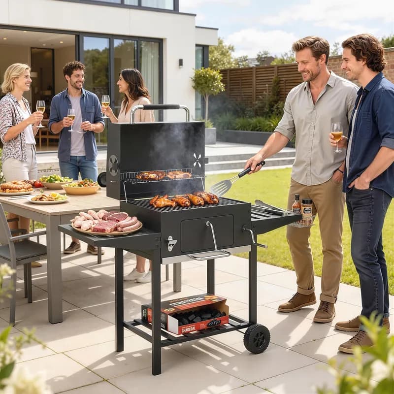 Barbacoa de carbón Outsunny con brasa regulable y chimenea 133 cm — barbacoa de carbón