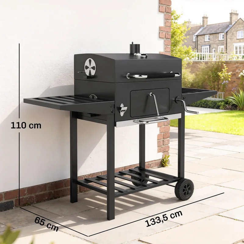 Barbacoa de carbón Outsunny con brasa regulable y chimenea 133 cm — barbacoa de carbón