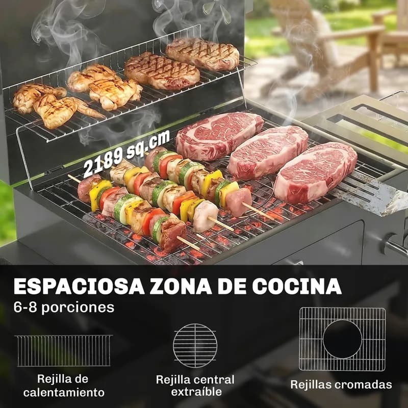 Barbacoa de carbón Outsunny con brasa regulable y chimenea 133 cm — barbacoa de carbón