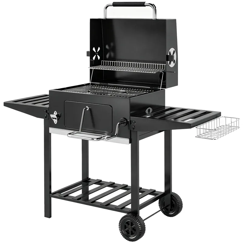 Barbacoa de carbón Outsunny con brasa regulable y chimenea 133 cm — barbacoa de carbón