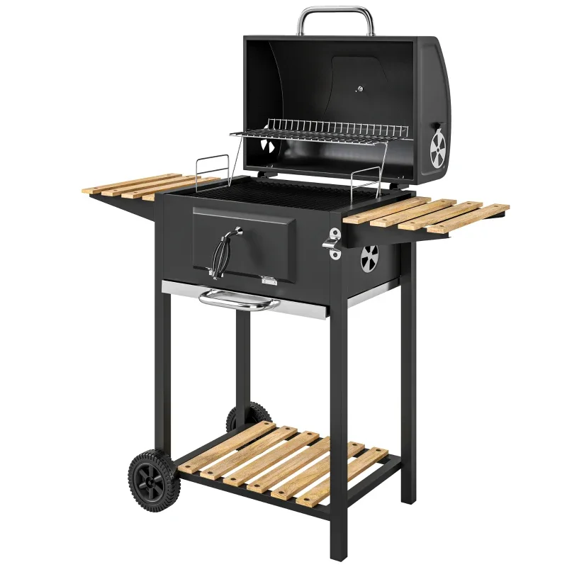 Barbacoa de carbón Outsunny 112 cm con brasa regulable y tapa: con la tapa abierta y la parrilla a la vista