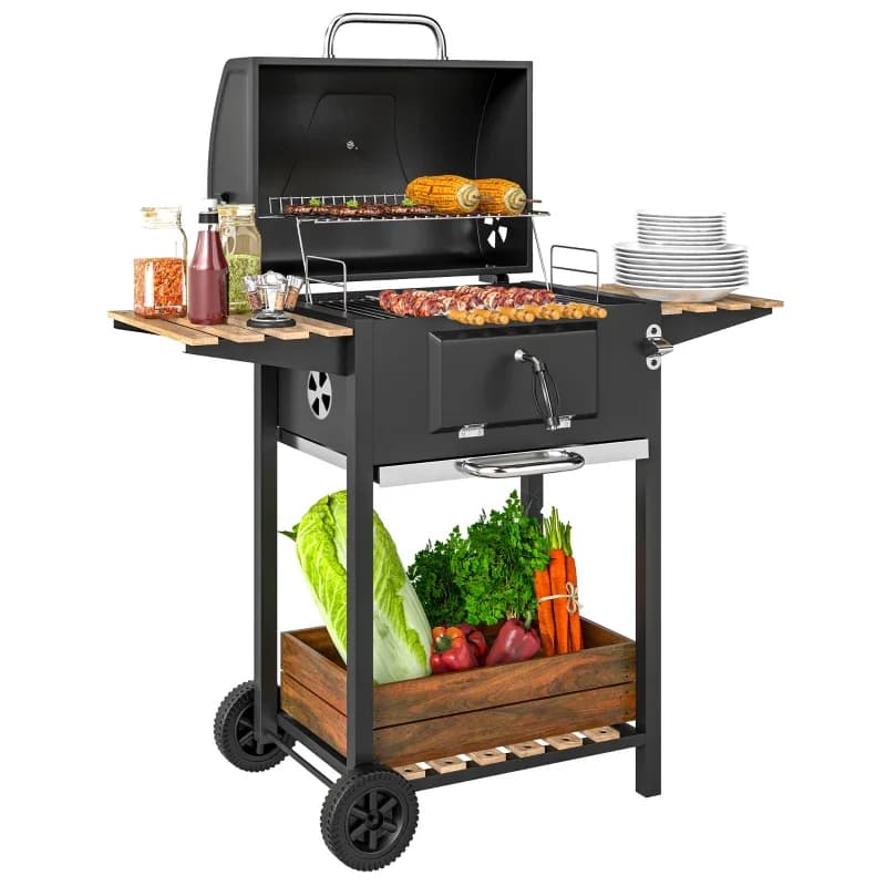 Barbacoa de carbón Outsunny 112 cm con brasa regulable y tapa: los estantes laterales y el inferior cargados