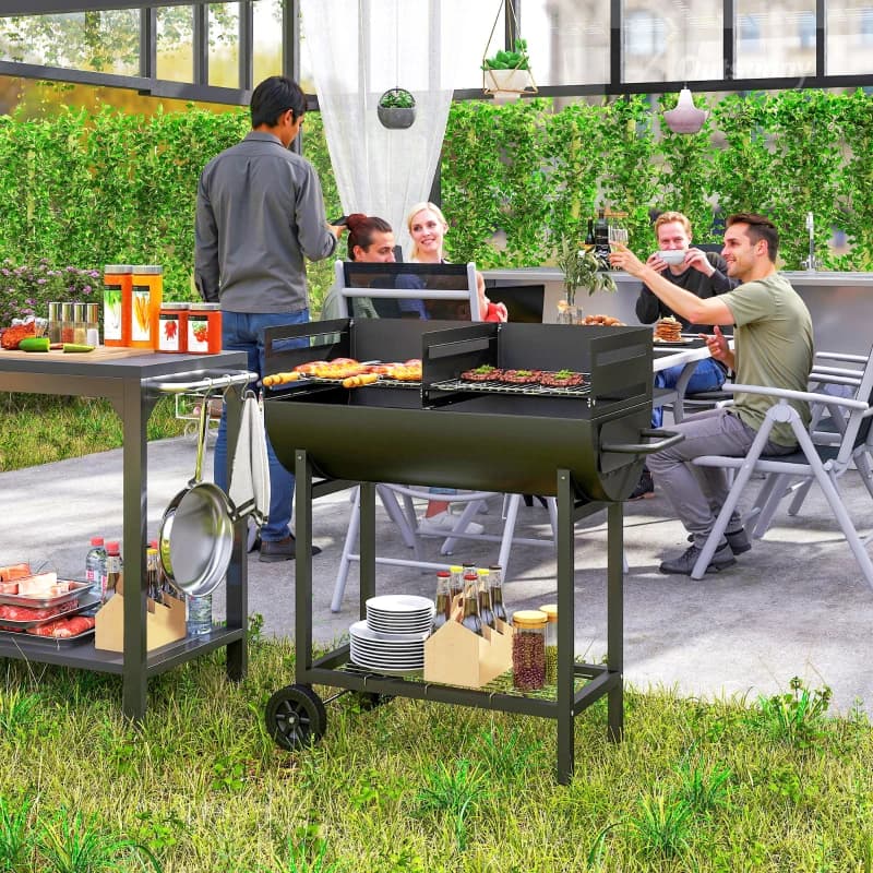 Barbacoa de carbón Outsunny 90 cm con doble parrilla regulable y ruedas — barbacoa de carbón