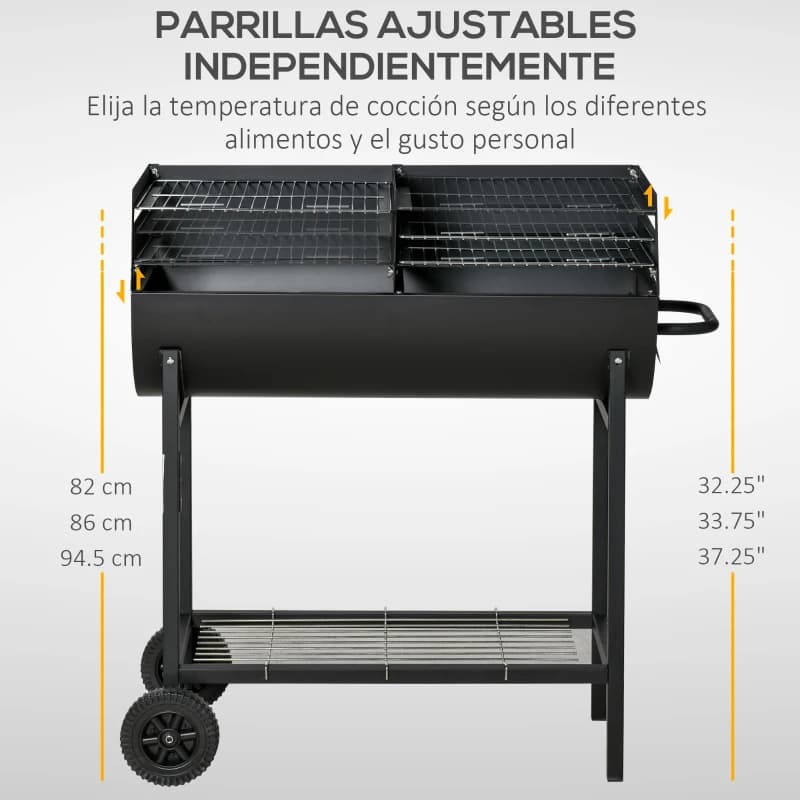 Barbacoa de carbón Outsunny 90 cm con doble parrilla regulable y ruedas — barbacoa de carbón