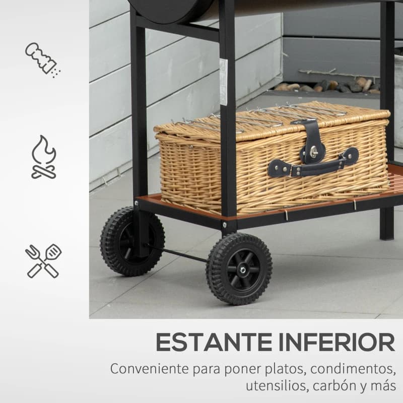 Barbacoa de carbón Outsunny 90 cm con doble parrilla regulable y ruedas — barbacoa de carbón