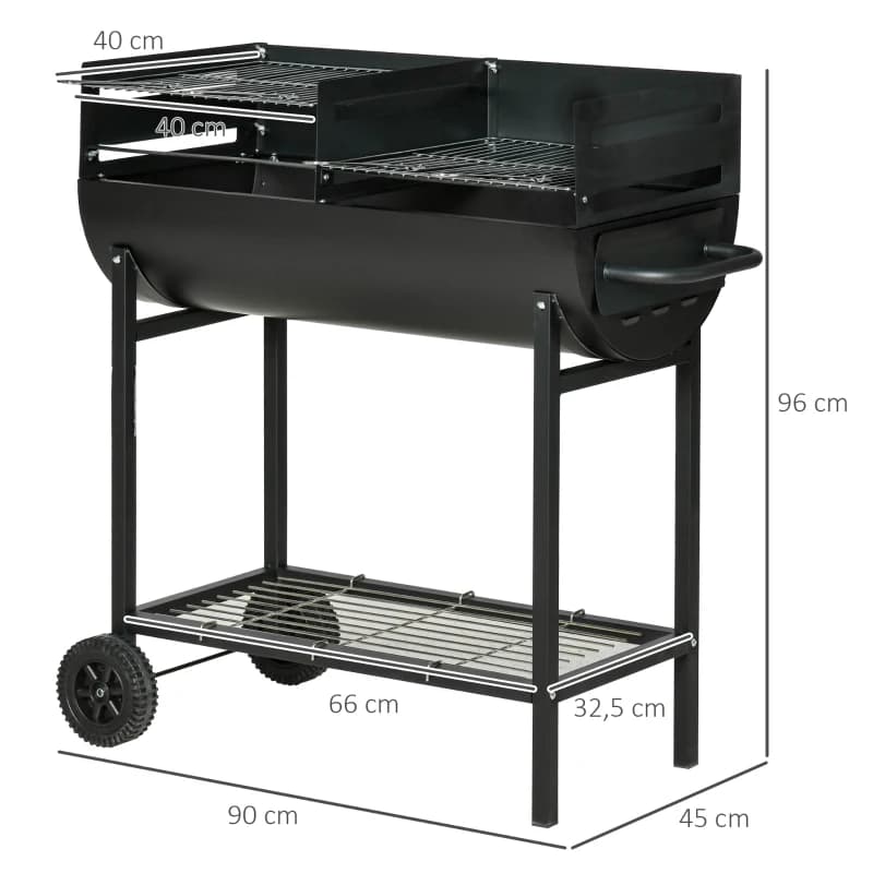 Barbacoa de carbón Outsunny 90 cm con doble parrilla regulable y ruedas: medidas y dimensiones