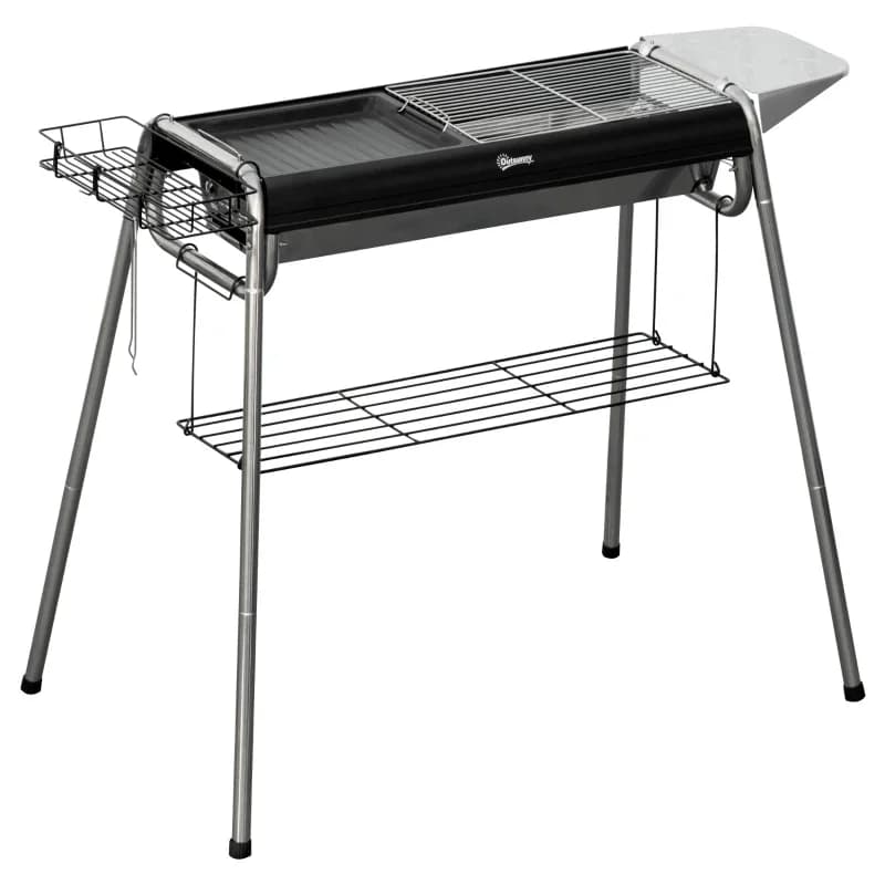Barbacoa de carbón Outsunny 107 cm con parrilla y plancha desmontable — barbacoa de carbón portátil