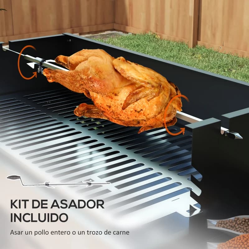 Barbacoa de carbón Outsunny 118 cm con asador de manivela y paravientos — asador de pollos a la brasa