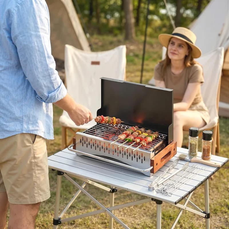 Barbacoa de carbón Outsunny plegable tipo maletín 50 cm para camping — barbacoa de carbón portátil