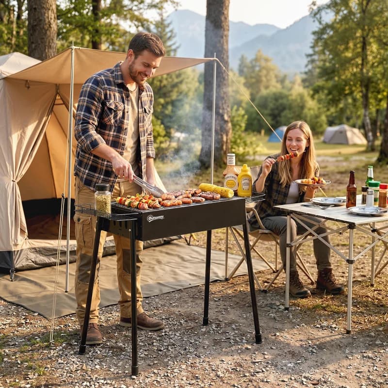 Barbacoa de carbón portátil Outsunny 94 cm con 2 parrillas de acero inoxidable — barbacoa camping desmontable