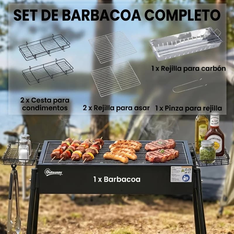 Barbacoa de carbón portátil Outsunny 94 cm con 2 parrillas de acero inoxidable — barbacoa camping desmontable