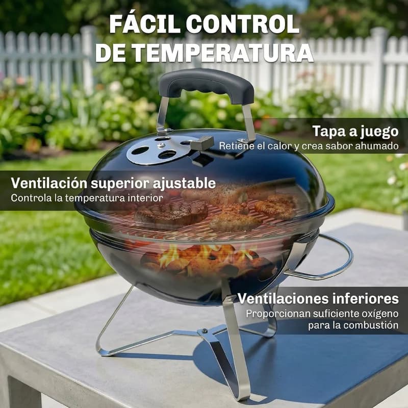 Barbacoa de carbón Outsunny redonda portátil con tapa Ø41 cm — barbacoa de carbón portátil
