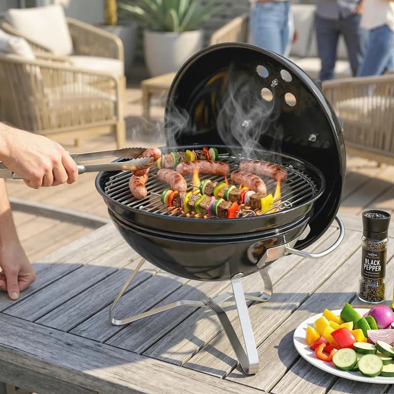 Barbacoa de carbón Outsunny redonda portátil con tapa Ø41 cm — barbacoa de carbón portátil