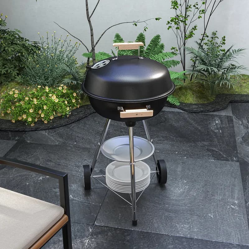 Barbacoa de carbón Outsunny esmaltada con tapa y ruedas 48 cm — barbacoa de carbón con tapa