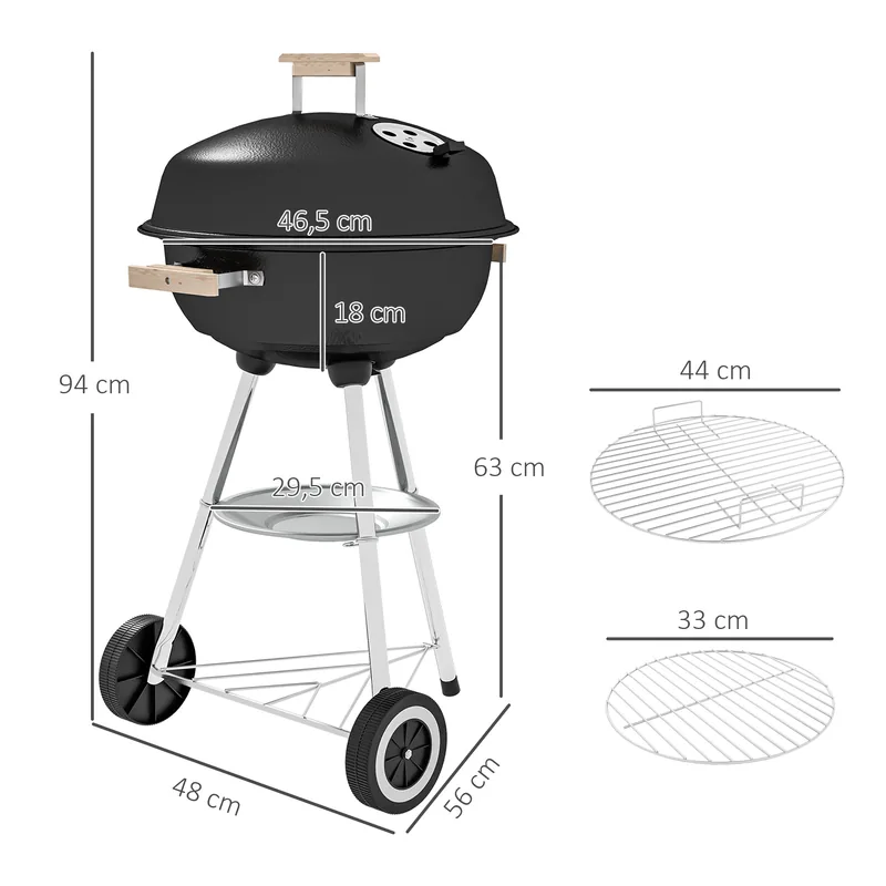 Barbacoa de carbón Outsunny esmaltada con tapa y ruedas 48 cm — barbacoa de carbón con tapa