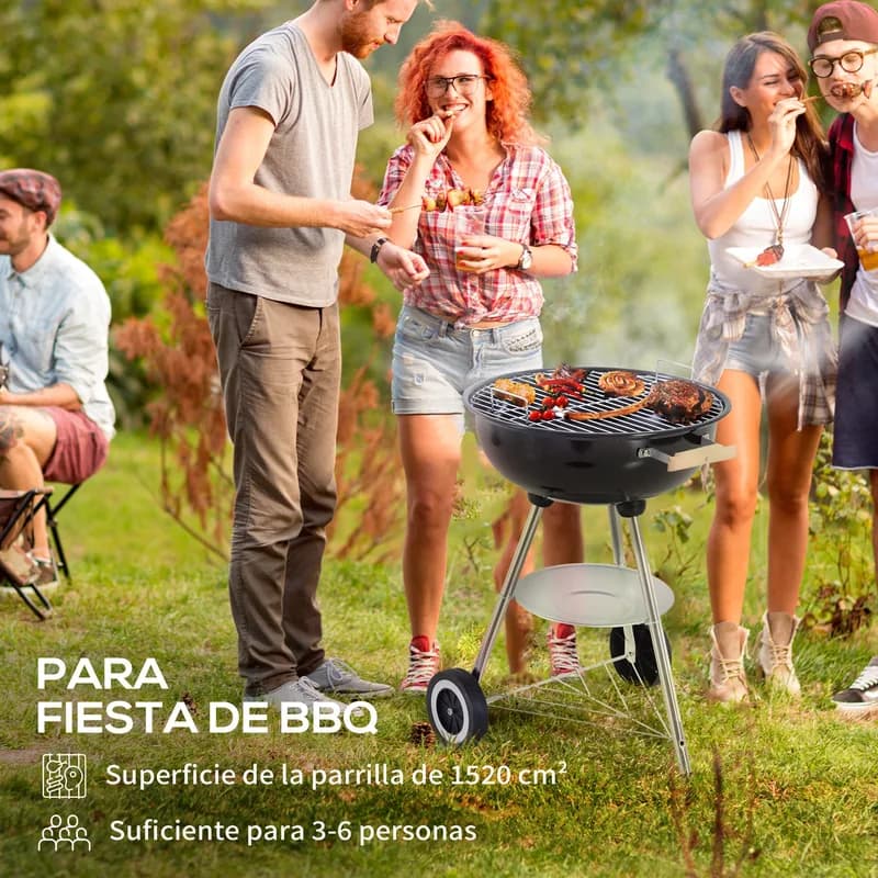 Barbacoa de carbón Outsunny esmaltada con tapa y ruedas 48 cm — barbacoa de carbón con tapa