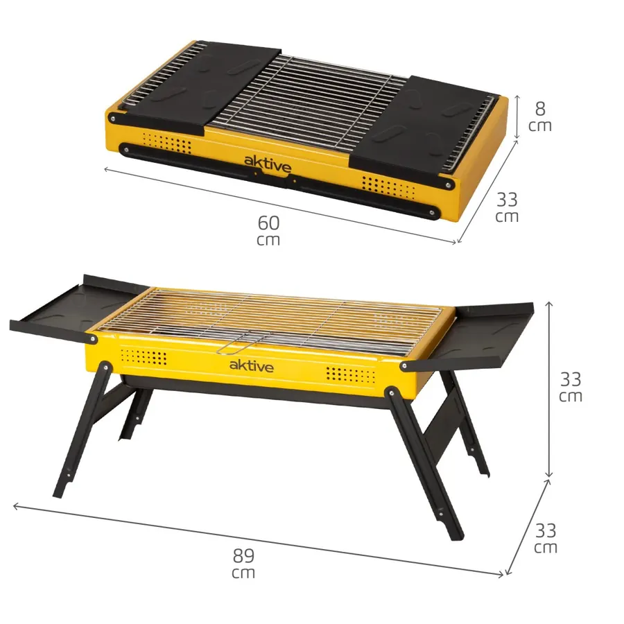 Barbacoa de carbón plegable Aktive 89x33x33 cm con bandejas laterales: medidas y dimensiones